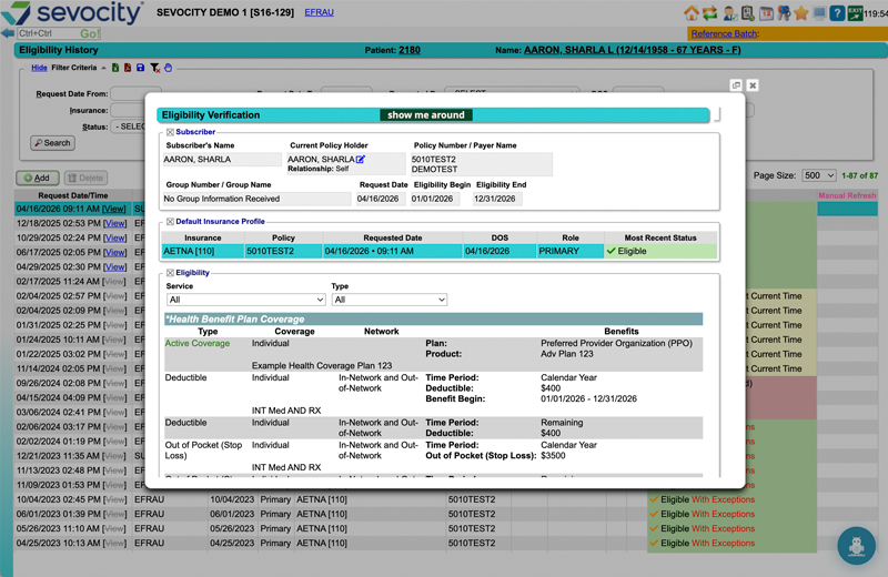 Eligibility View in Sevocity EHR